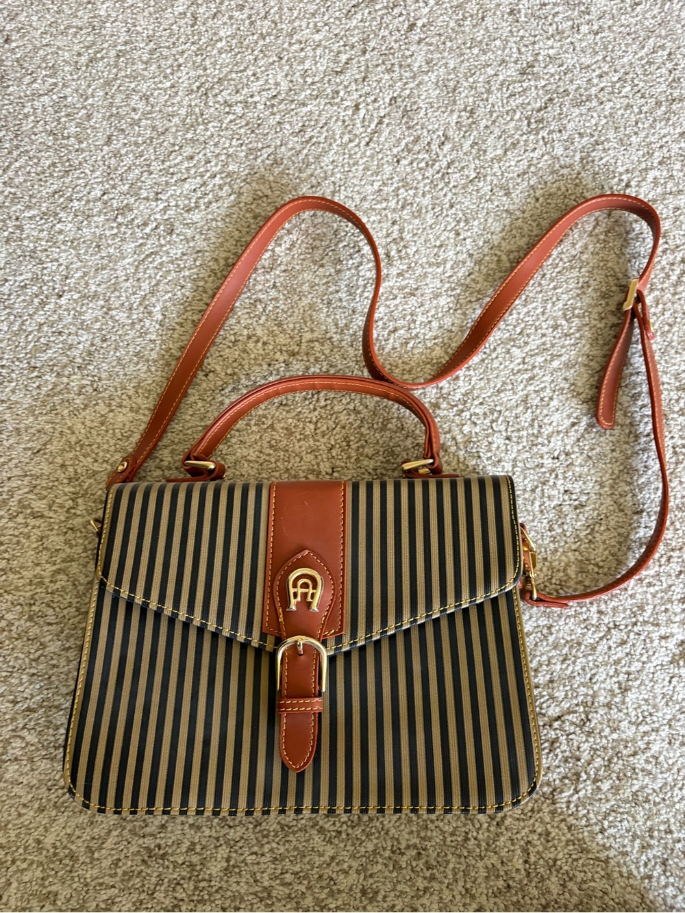 Vintage Etienne Aigner Black and Brown Striped Top-Handle Crossbody